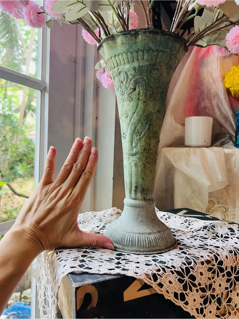 Vintage Pink Pom-Pom Floral Arrangement in Aged Patinated Green “Florists” Vase - Picture 4 of 11